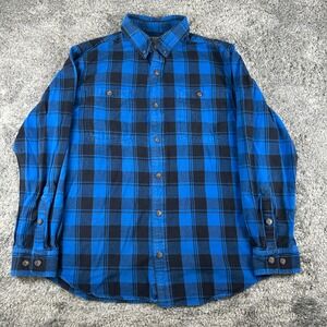 Duluth Trading Free Swingin Flannel Shirt Mens L Blue Buffalo Plaid Trim 64507